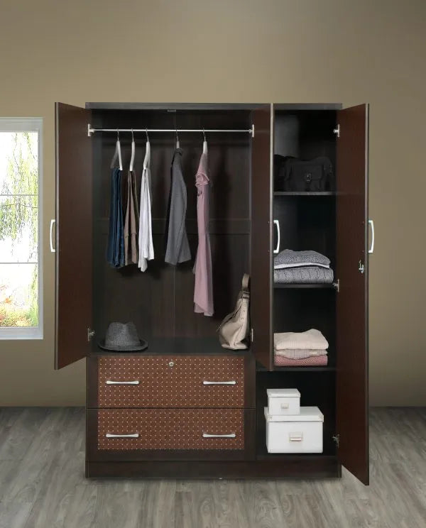 Two Toned ,3-Door, 2 Draw Wardrobe Closet W/Mirror