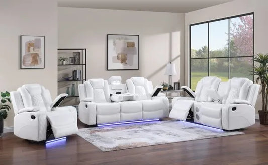 3pc White Reclining Living Room Set W/ Reading Lamp & LED