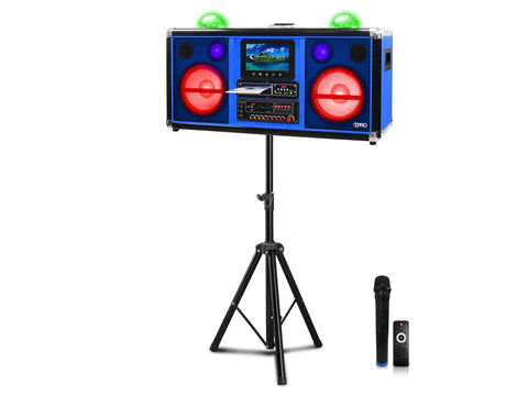 Rechargeable 2 x 10" Bluetooth Speaker with DVD Player, Wireless Mic & Tripod