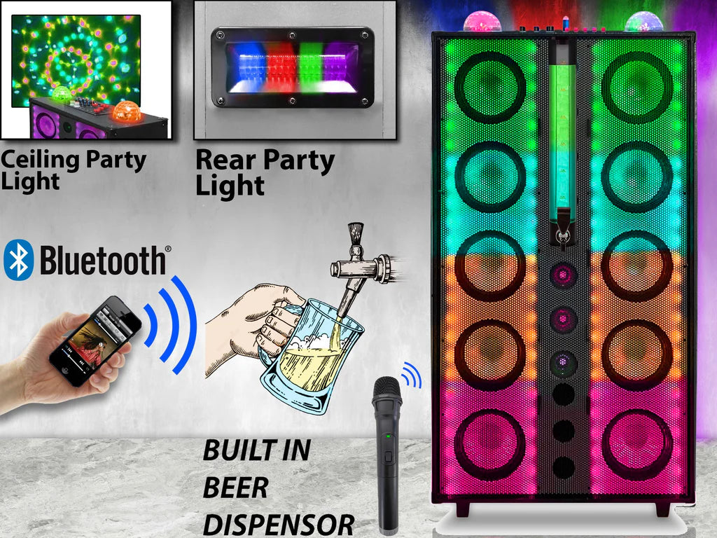 10 x 8" LED Bluetooth Party Speaker with Beer Dispenser & Wireless Mic